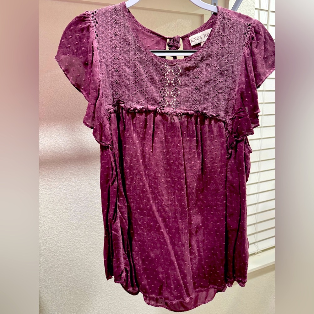KNOX ROSE Purple Swiss Dot Crochet Eyelet Tie Bow Short Flutter Sleeve Top XL